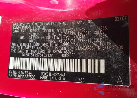 2007 Toyota Tundra Sr5 4.7L V8 from USA, damaged, VIN 5TBRT54197S452138